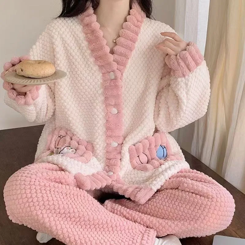 Girls Coral Velvet Pajamas Women Autumn Winter Loungewear 2024 New Thickened Plush Sleepwear Flannel Home Wear Cardigan Set