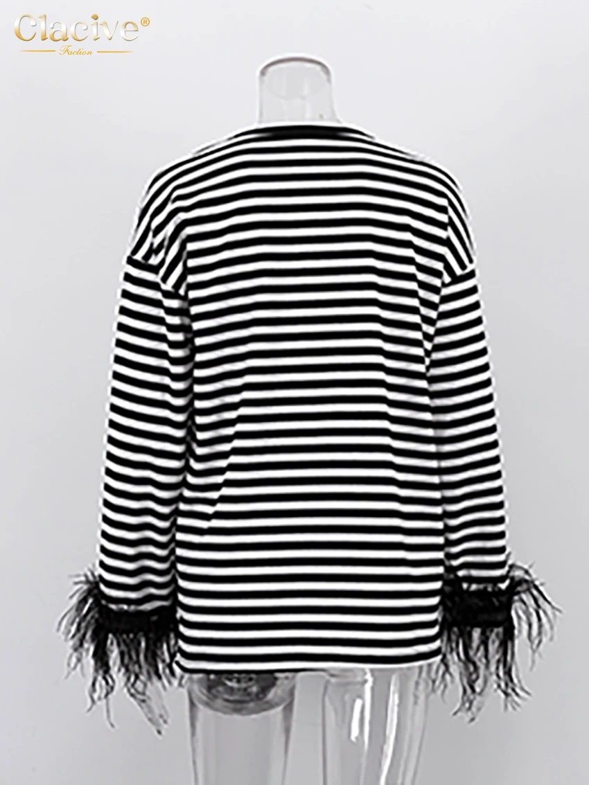 Clacive Fashion Loose Stripe Women\'S T Shirt 2024 Elegant O-Neck Feathers Long Sleeve T-Shirt Casual Classic Top Feamle Clothing