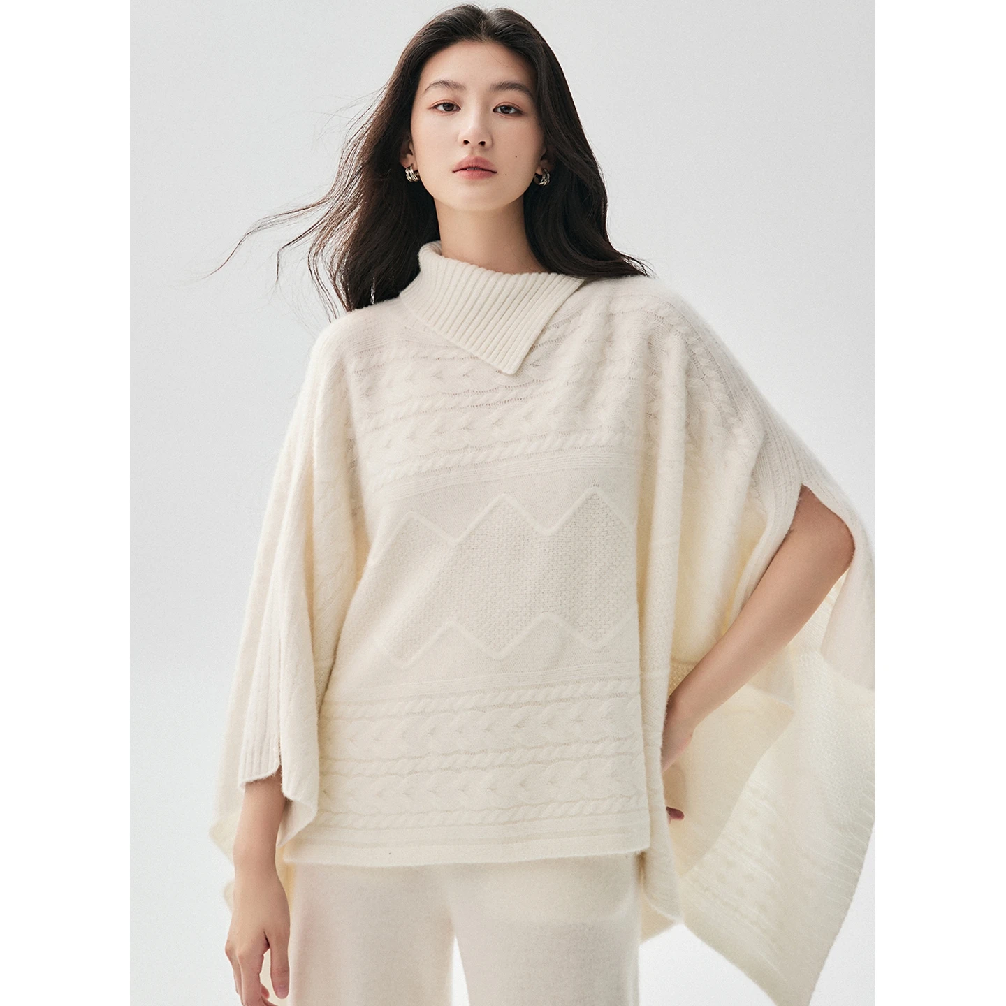 Women Turn Down Collar cable knit cape shawl 100% Goat Cashmere Shawl Spring Autumn Winter Soft Comfy Cashmere Large Shawls Top