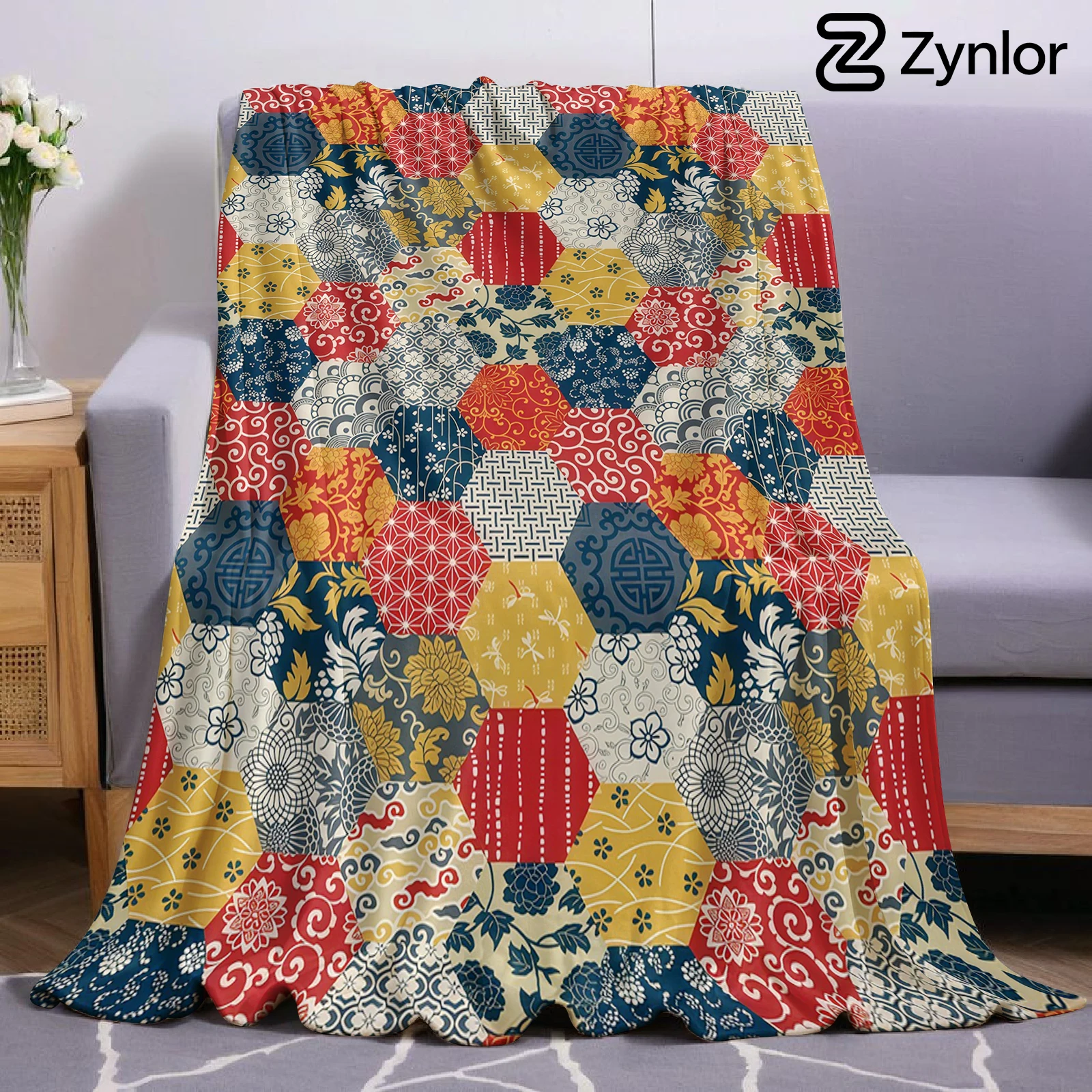 Hexagon Patchwork Lightweight Microfiber Soft Christmas Fleece Blanket Warm Cozy Throw for Bed Sofa Office Travel All Season