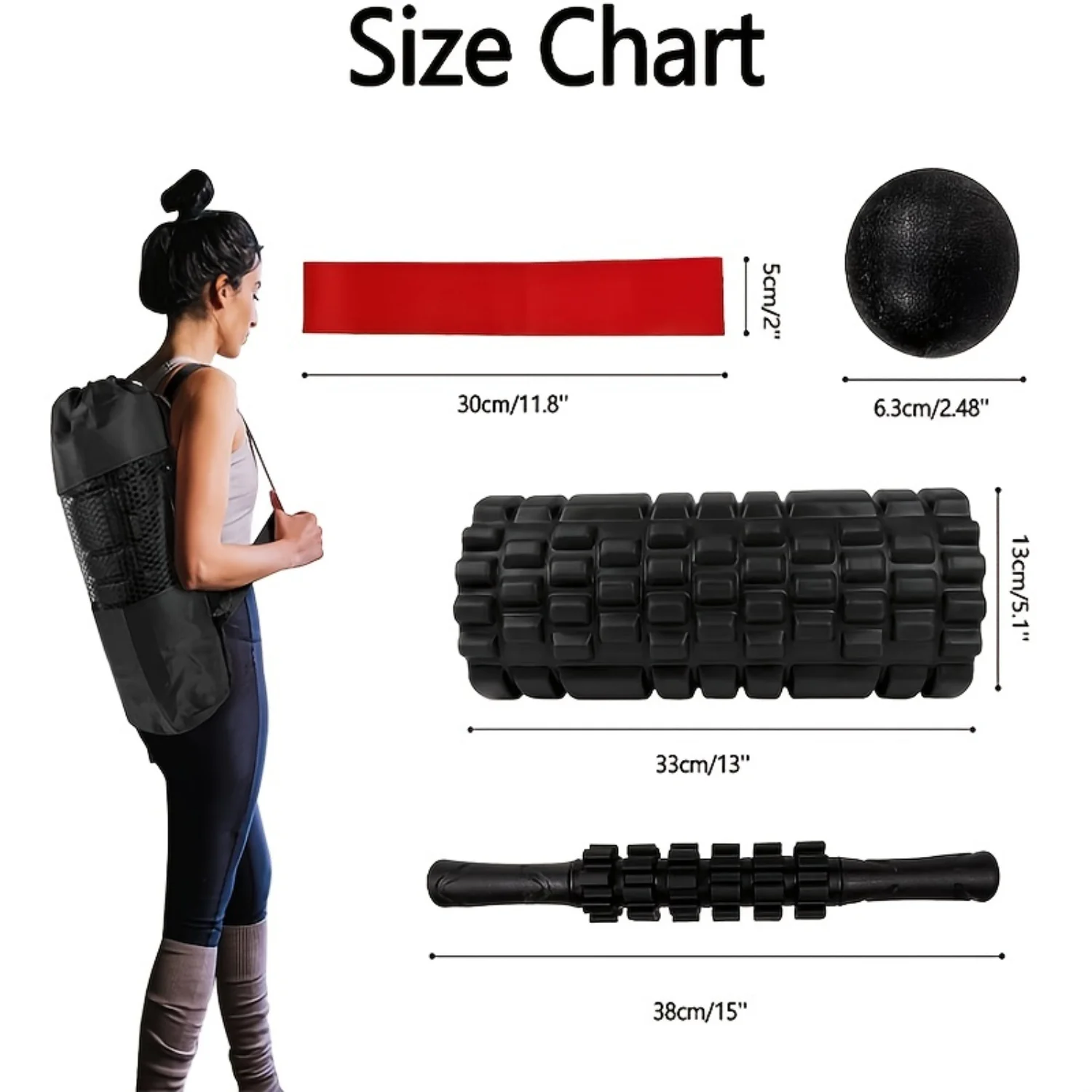 5-in-1 Foam Roller Set for Muscle Massage with Roller, Ball, Band, Stick, Yoga - Stretching Equipment