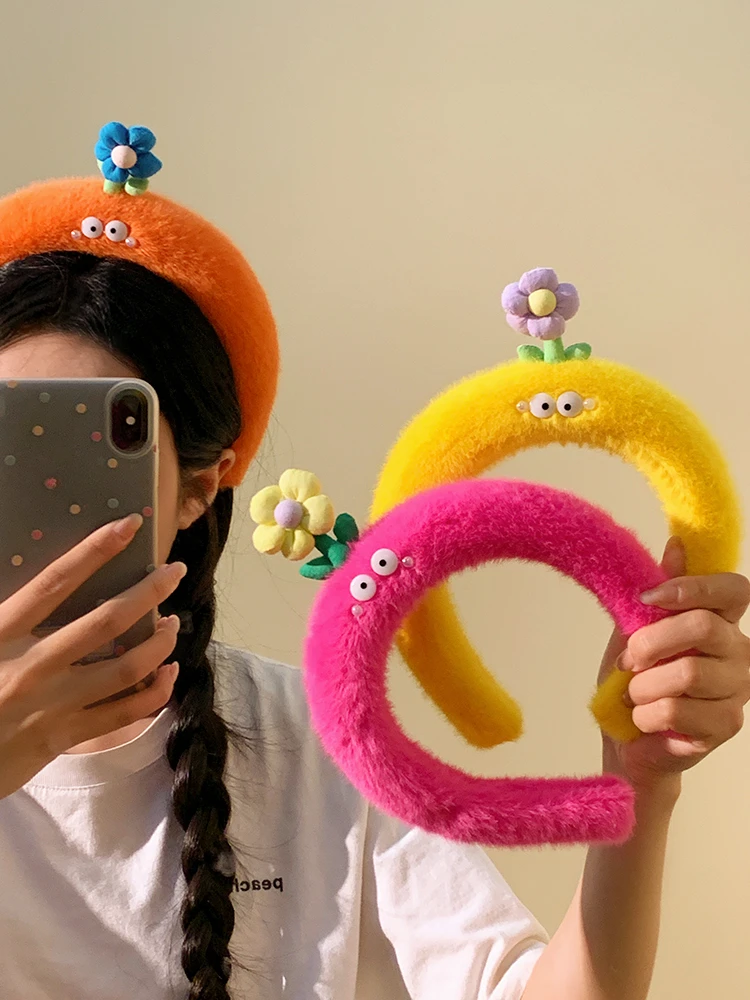 Cute flower cartoon plush candy color headband women wash face headwear