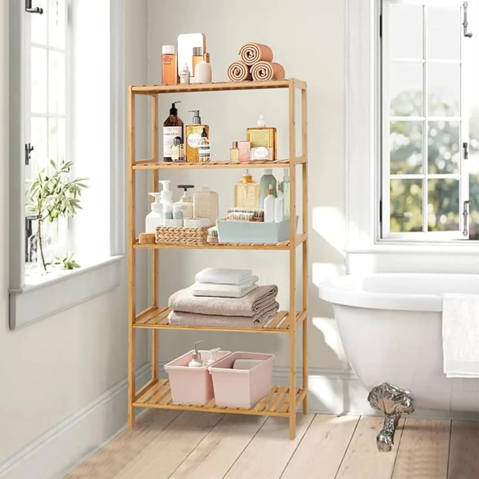 

Bamboo Shel Bathroom 5-Tier Storage Shelves ree Standing Rack Multiunctional Shelving Unit or Bedroom Kitchen Living Room