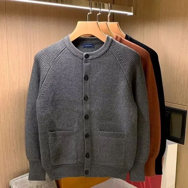 

Autumn Retro Leisure Knitted Sweaters for Men Round Collar Man Clothes Jacket Solid Color Coat Crewneck Plain Man Cardigan