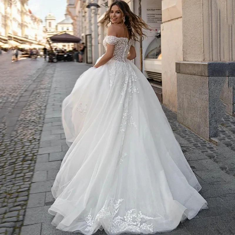 Abiti da sposa moderni per le donne 2024 Sweetheart a-line Bridal Off The Shoulder Tulle Robes Lace Applique Vestidos De Novia 2023