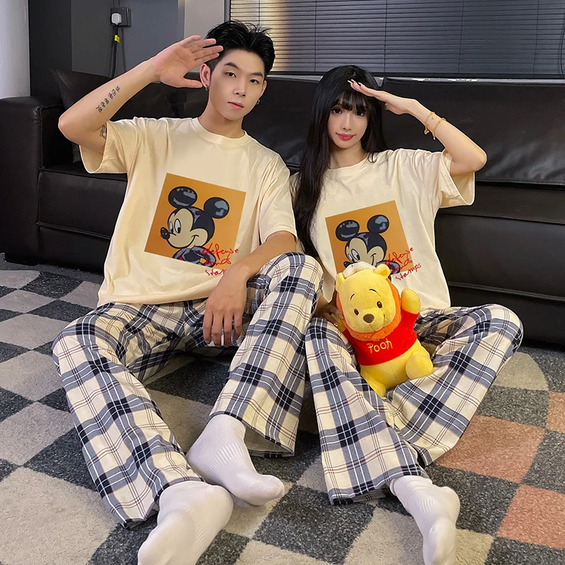 Cartoon Disney couple pajamas autumn new round neck long-sleeved trousers casual two-piece set women\'s pajamas loungewear set