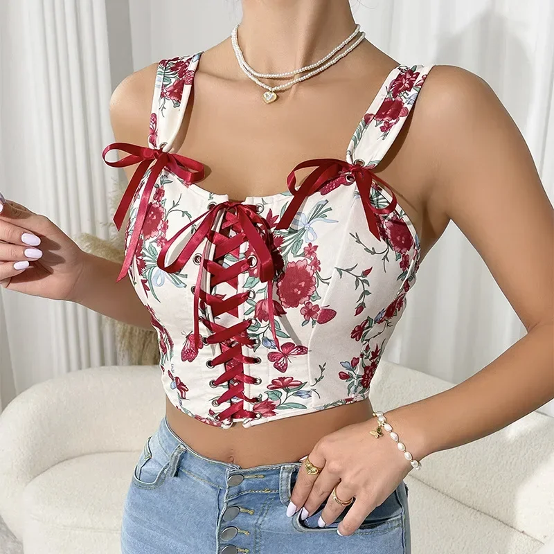 Fashion Floral Graphic New Tank Top with Strap Trendy Elegant Chic 2000s Women Slim Fit Crop Top Female Casual Office Clothing