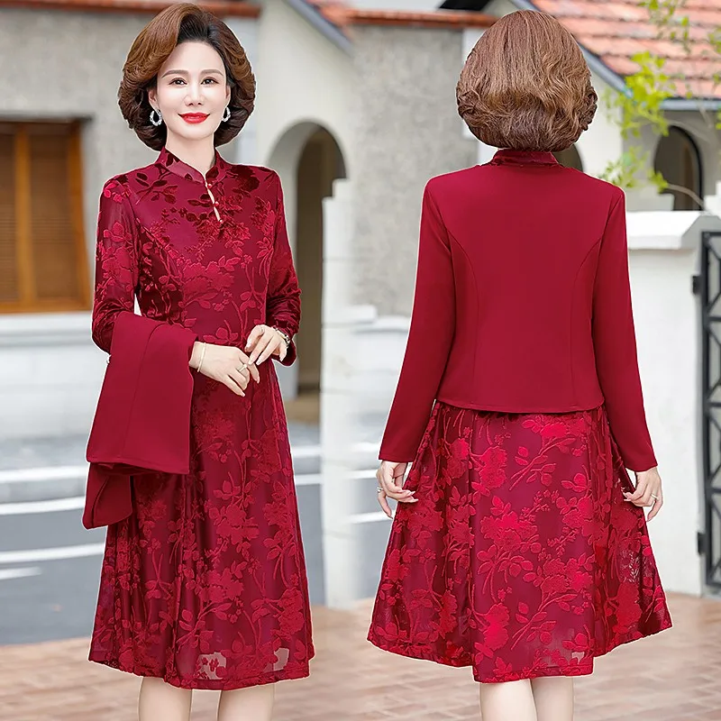 New Fashionable Red Lace Dress 2-piece Set For Middle-aged Women\'s Clothing Long Dress Over Knees For Wedding Banquet