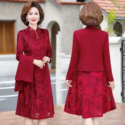 New Fashionable Red Lace Dress 2-piece Set For Middle-aged Women's Clothing Long Dress Over Knees For Wedding Banquet