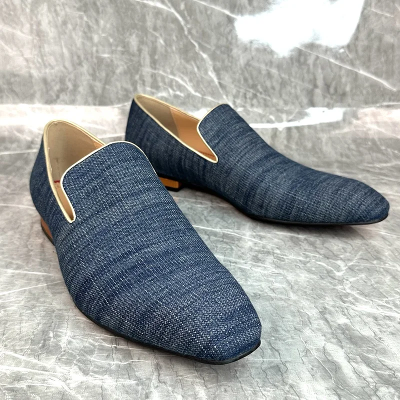 New Fashion Blue Cotton Fabric Loafers High Quality Summer Men Casual Shoes Luxury Mens Dress Shoes Slip Ons Smoking Slippers