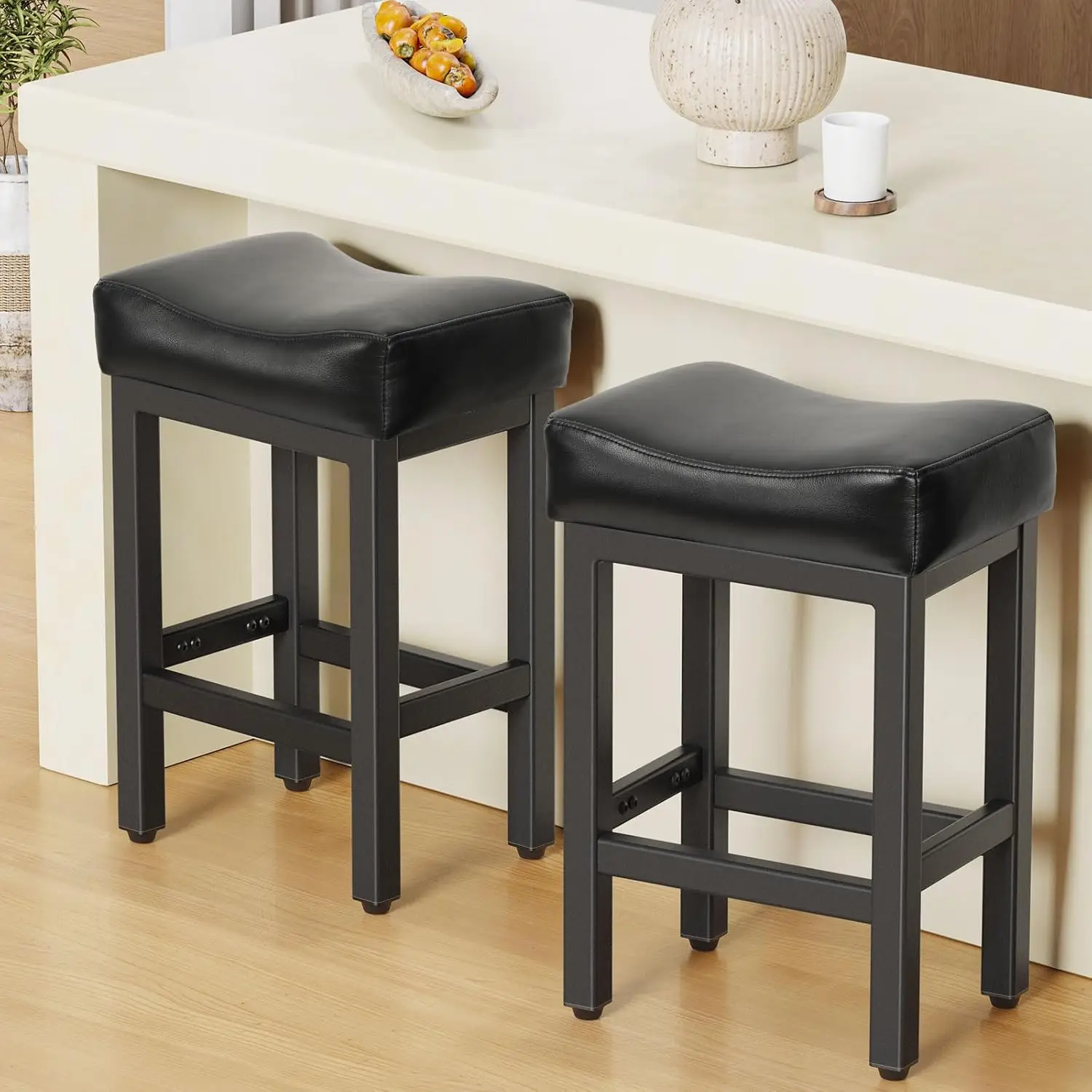 

Counter Height Bar Stools Set of 2, 24' Black Bonded Leather Kitchen Stools with Thick Seats & Heavy Duty Metal Base
