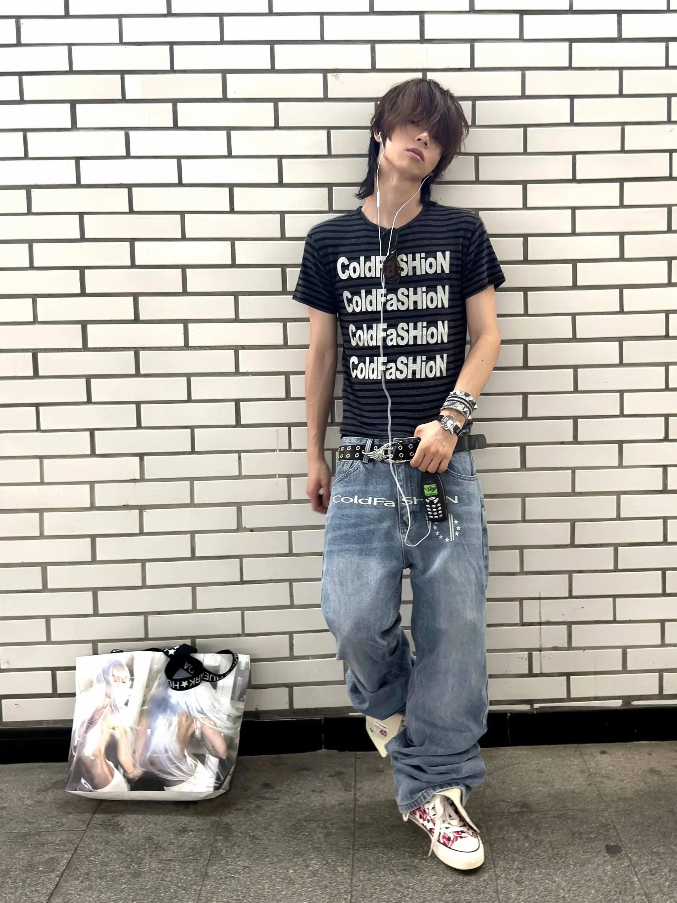 American Streetwear Printed Loose Fit Men's Jeans Vintage Washed Wide Leg Casual Long Trousers mid Waist Zipper Closure