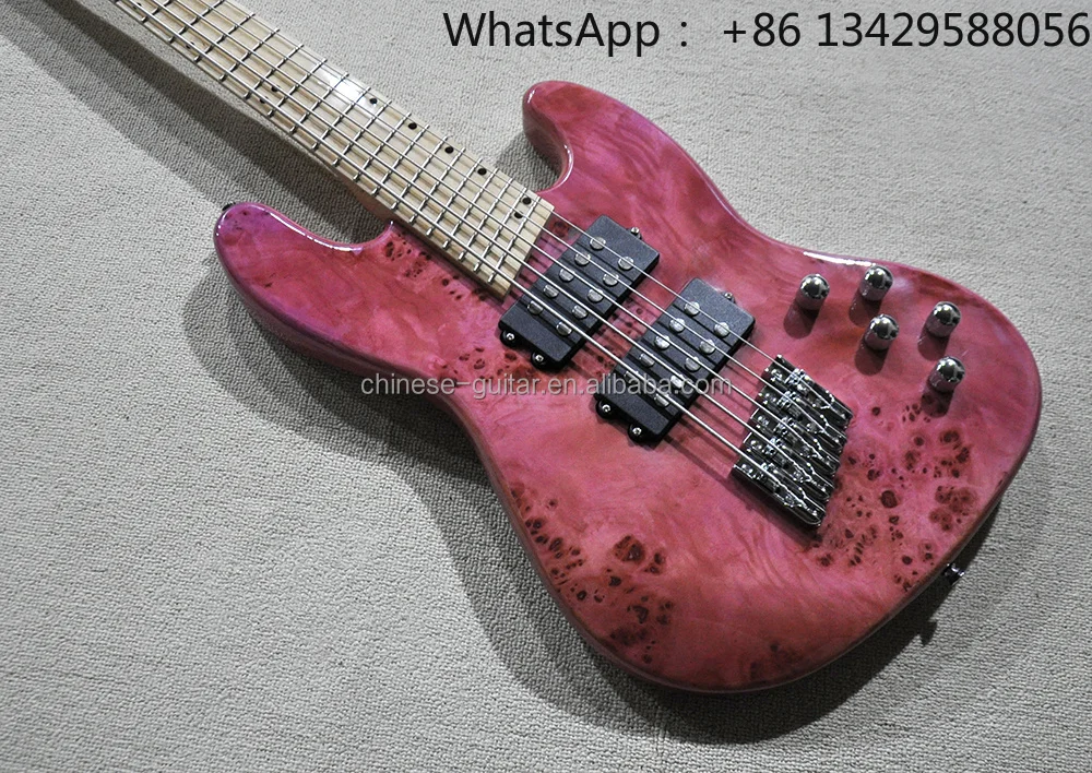 Flyoung Cheap Electric Bass Guitar 5 Strings Fanned Frets Burl Maple Veneer Ash Body Pink Purple Color
