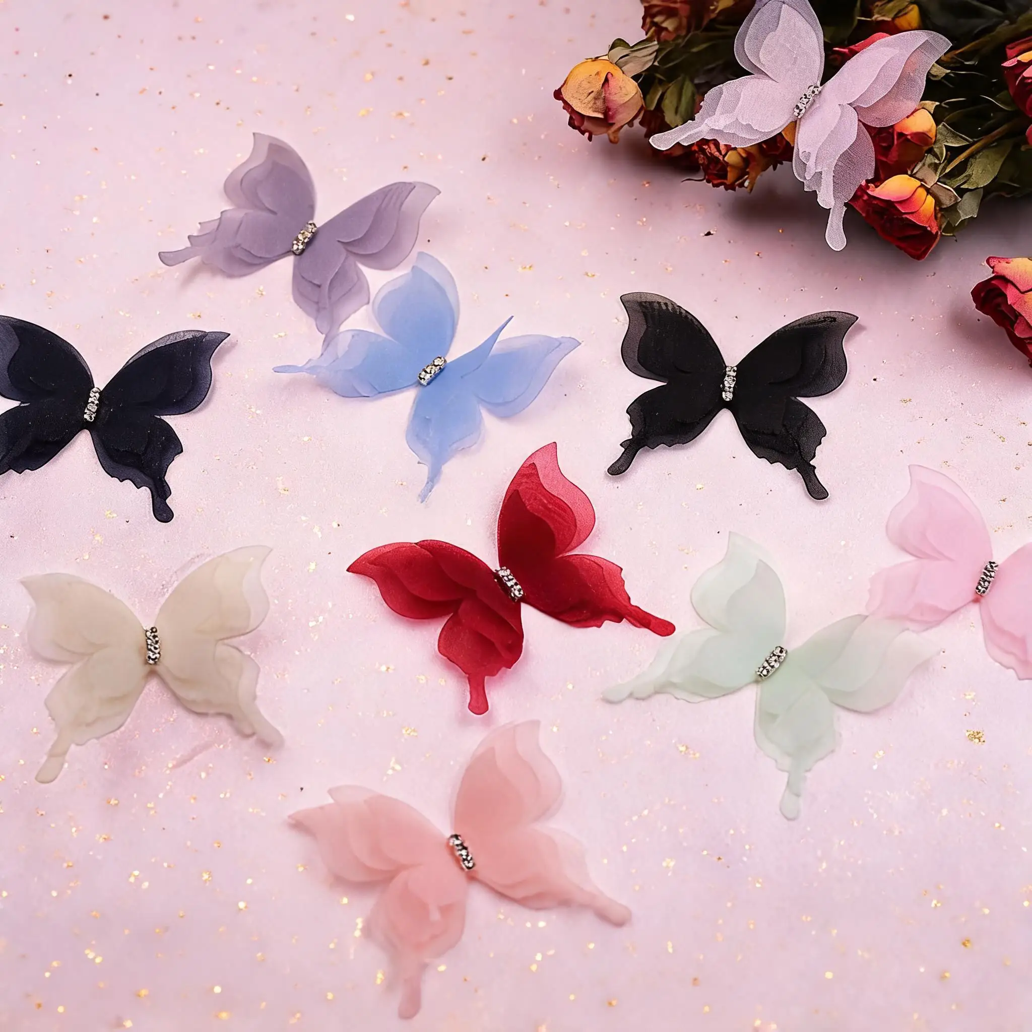 20Pcs 5CM 3D Gradient Chiffon Butterfly Appliques Iridescent Translucent Organza Fabric Butterfly Patches DIY Sewing Crafts