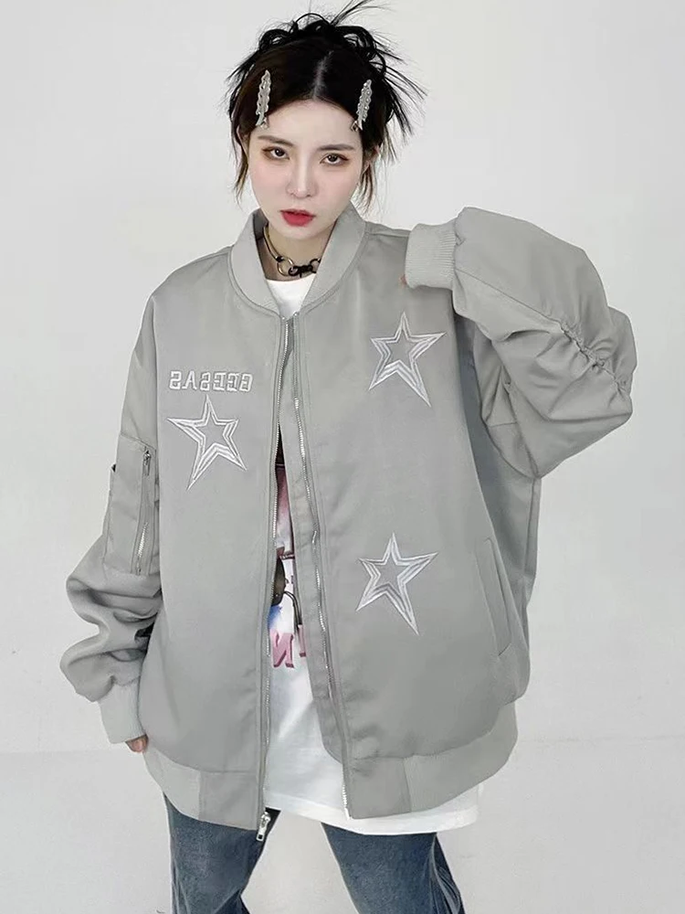 Jmprs Y2K Star American Baseball Jacket Women Loose Gothic Streetwear Coats Vintage Long Sleeve Letter Casual Bf Harajuku Tops