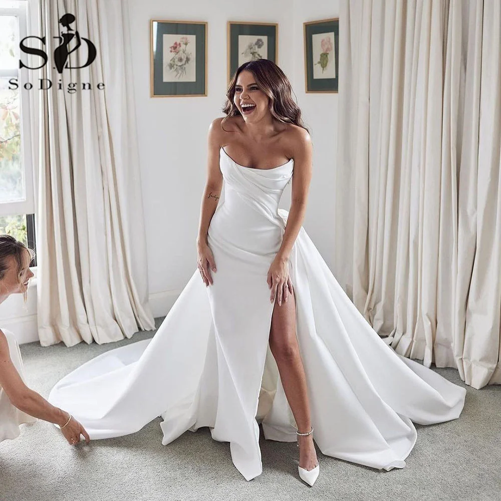 Sodigne sexy vestidos de casamento de cetim sem alças sereia fenda vestidos de casamento feminino personalizado vestidos de noiva novia