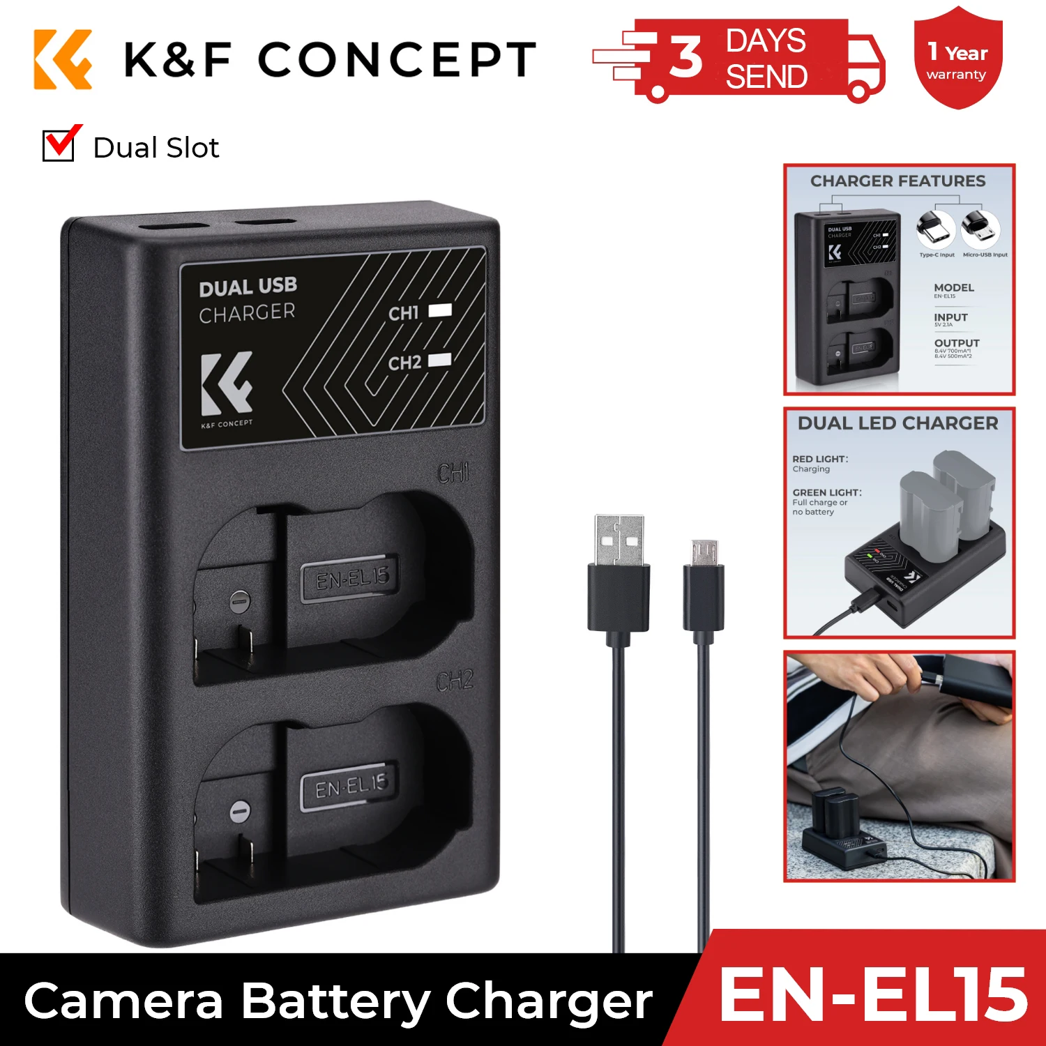 

K&F Concept EN-EL15/EN-EL15A/EN-EL15B Battery Charger Dual Slot Quick Charger for Nikon D7000 D7100 D7200 D750 D850 Z7 V1 Camera