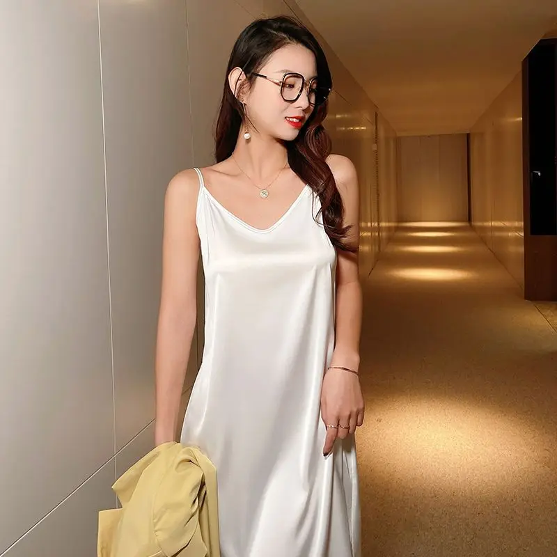 

Женское летнее платье на бретельках, свободное универсальное ацетатное атласное облегающее базовое платье