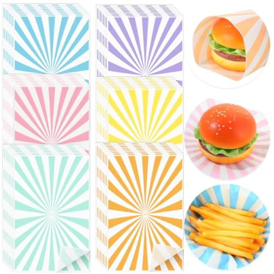 

120 Wax Deli Paper Sheets 12 x 8 Inch, Pastel Striped Wrapping Paper for Food, Colorful Basket Liners Sandwich Burger Liner for