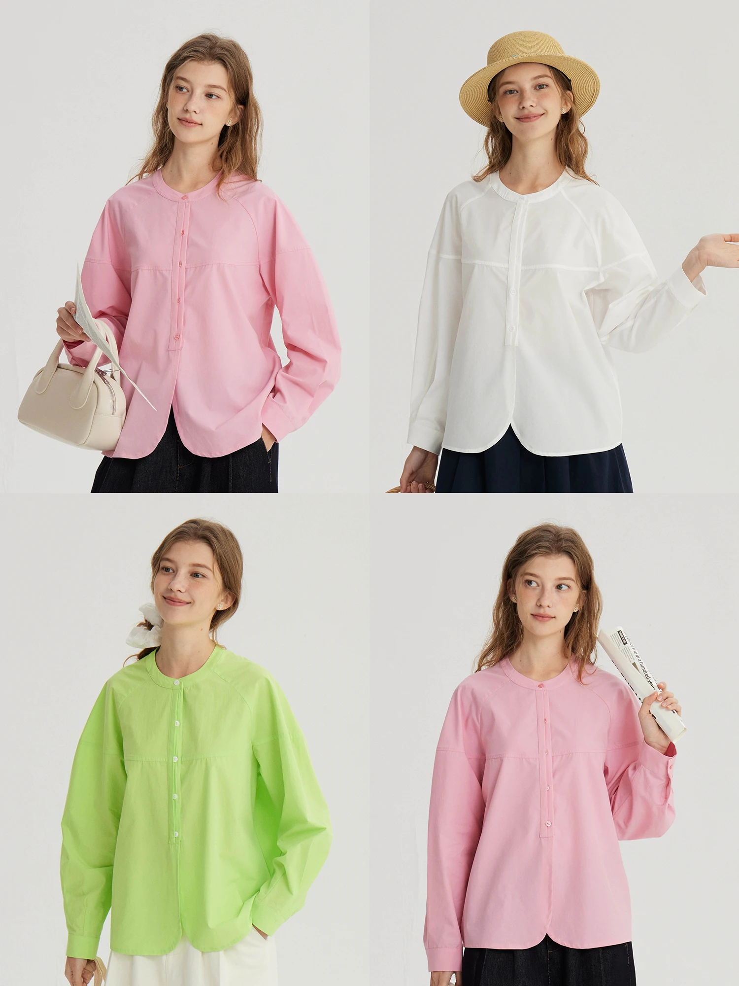 

Bruland Spring Vintage round Ne Loose Long Sve Women's irt Slimming Color French Sle Cotton Lyocell Blend