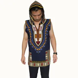 Sleeveless Dashiki Hoodies Loose African Hooded Dashiki Fabric 100% Cotton Unisex Kimono with Pocket Kaftan Hoody Tunic Tops