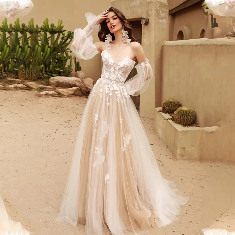 

Princess A-Line Wedding Dresses for Women Appliques Lace Lantern Sleeve Bridal Gown Sweep Train Vestido De Noiva Customized