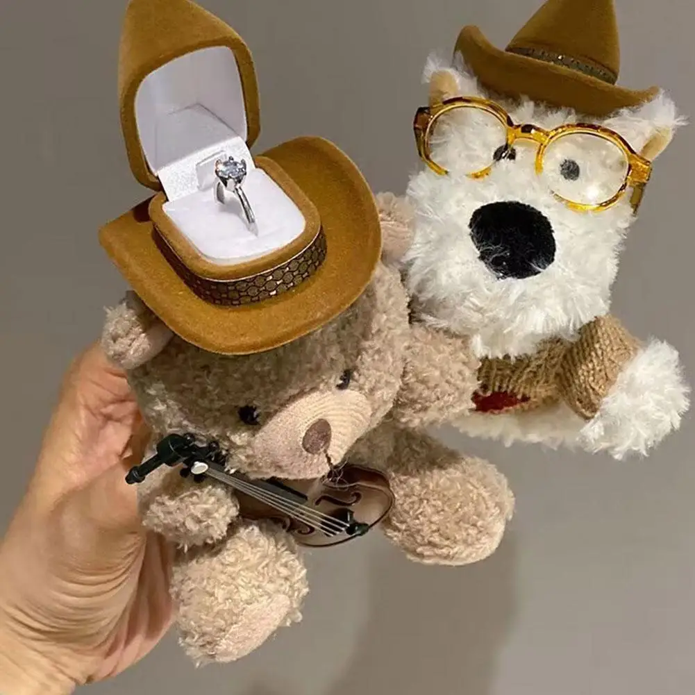 Bear Plush West Highland Puppy Doll Ring Box Dog Ring Display Wedding Ring Case Engagement Ring Cartoon Couple Rings Holder