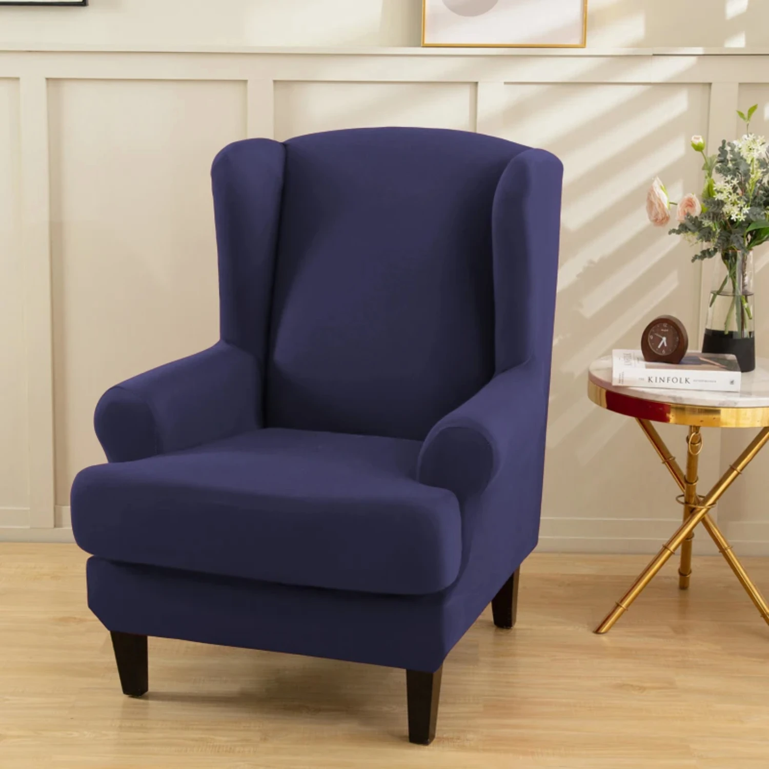 Comfortable Solid Color Stretch Spandex Wing Chair Cover with Seat Cushion Case - Relaxing Armchair Slipcovers for Wingback Chai