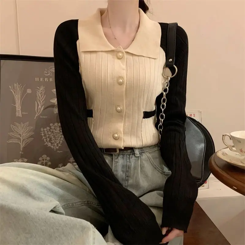 Cárdigan de punto de manga larga con cuello Polo para mujer, suéter Delgado, abrigo de oficina, Tops de punto fáciles de combinar, Otoño e Invierno