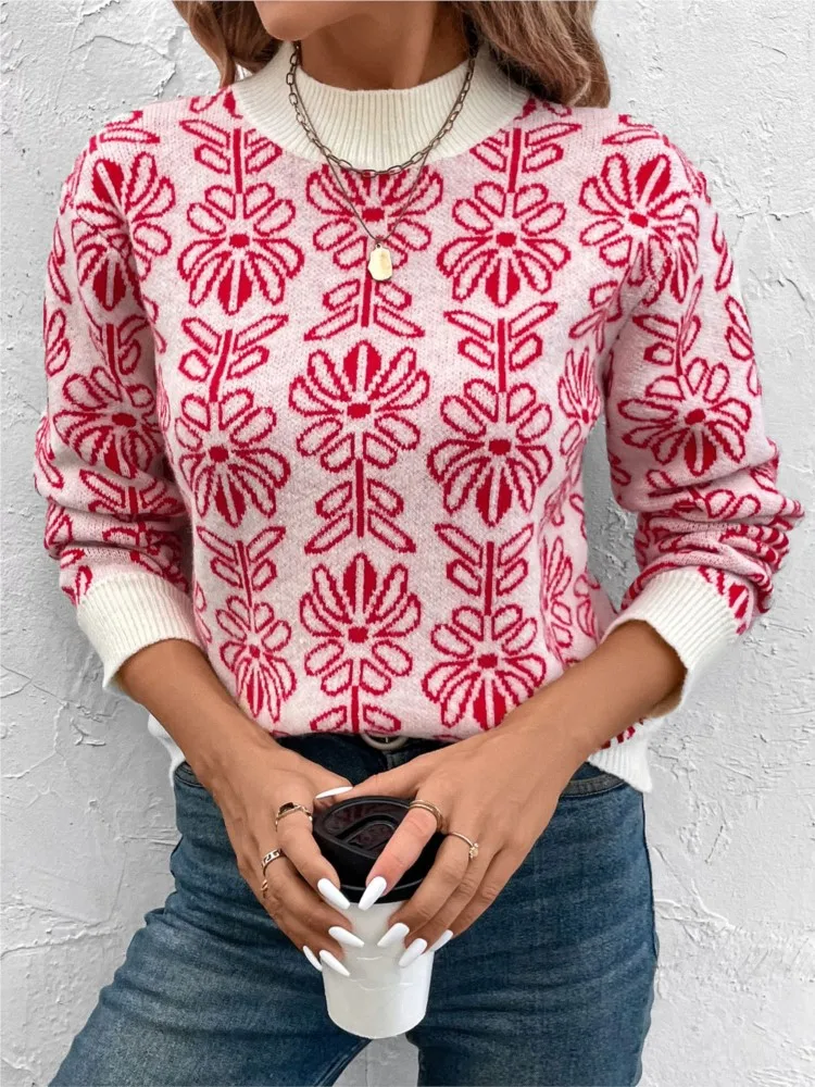 

Winter Clothes Woman Pulls Femmes Loose Contrast Half Turtleneck Floral Jacquard Knitted Sweater All-match Loose Simple Style