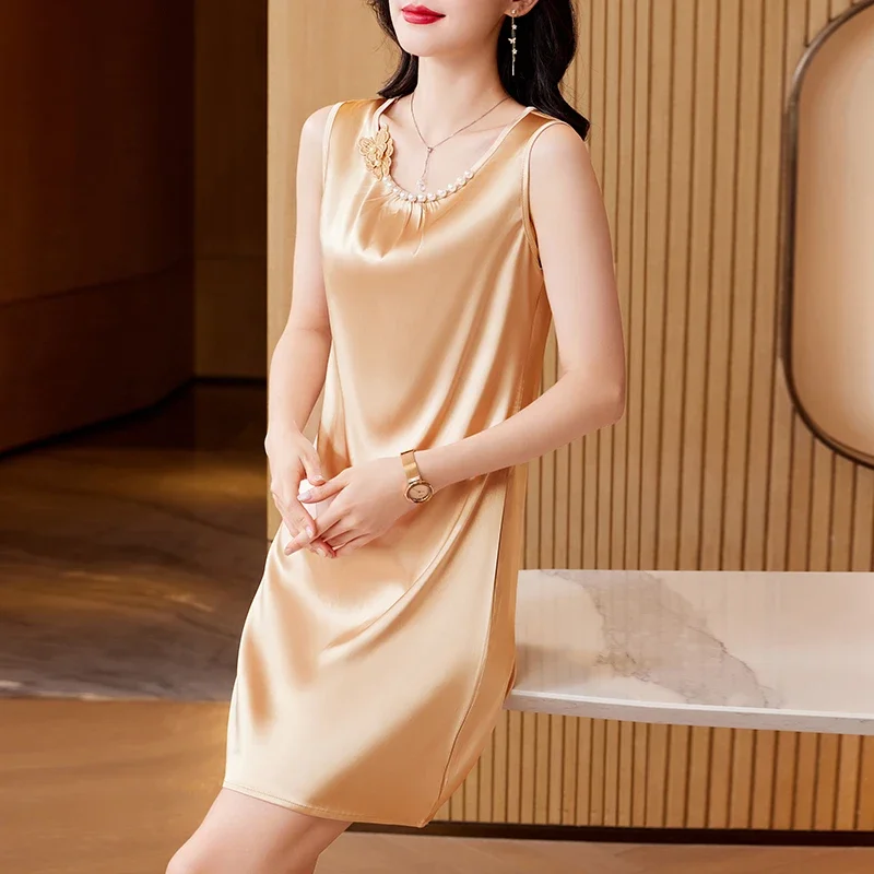 Fashion Slim Fit Women's Clothing Spring Summer Dress Spliced Beaded Cami Dress for Women Elegant Sleeveless Mid-Length Dresses