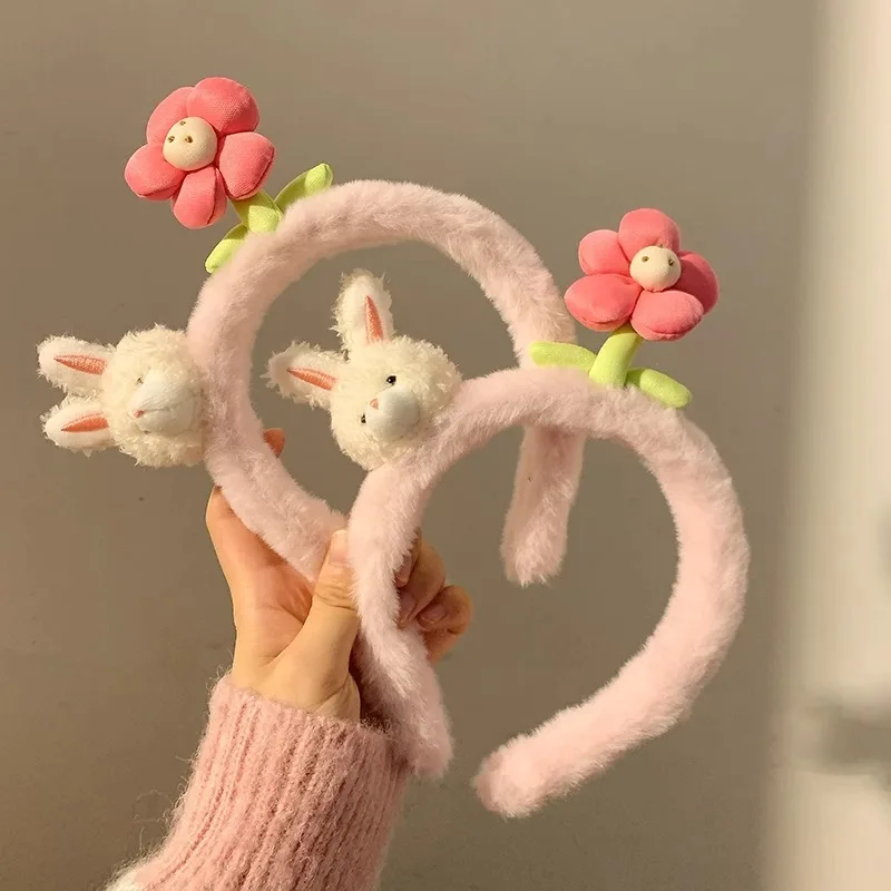 YHJ Cute Rabbit Hair Bands Pink Flower Plush Hair Hoop Trend Female Headband Head Hoop Sweet Hair Bands Accessories for Women