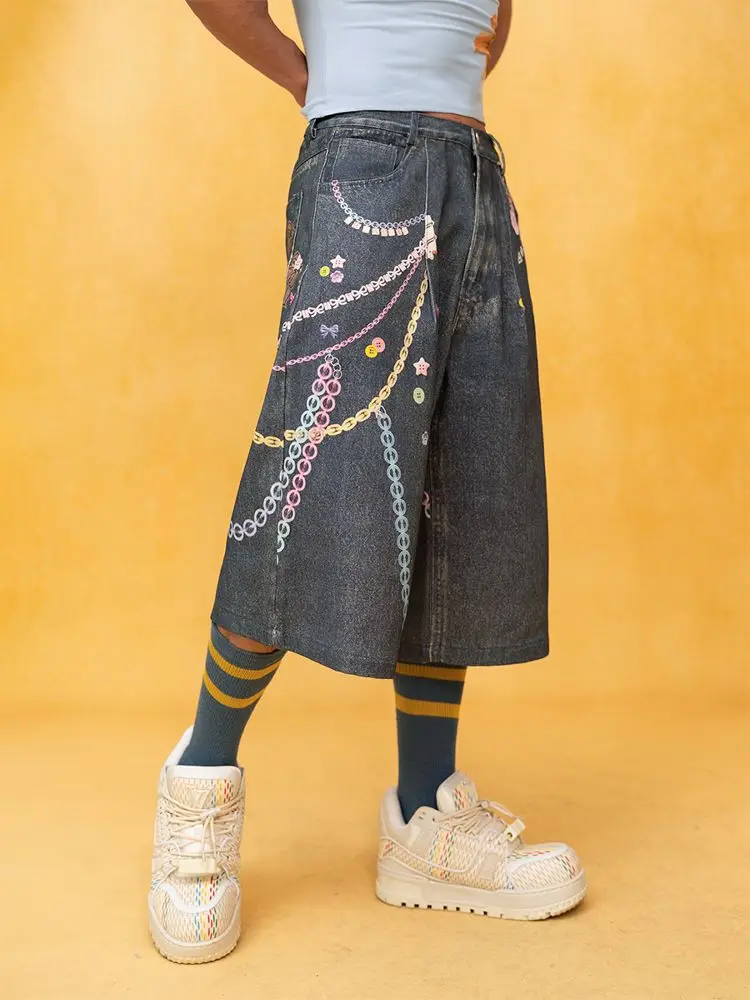 Summer Men's Chain Printing Shorts Unisex Baggy Vintage Casual Young Boy Wide Leg Bottom Male High Waist Mid-length Pants