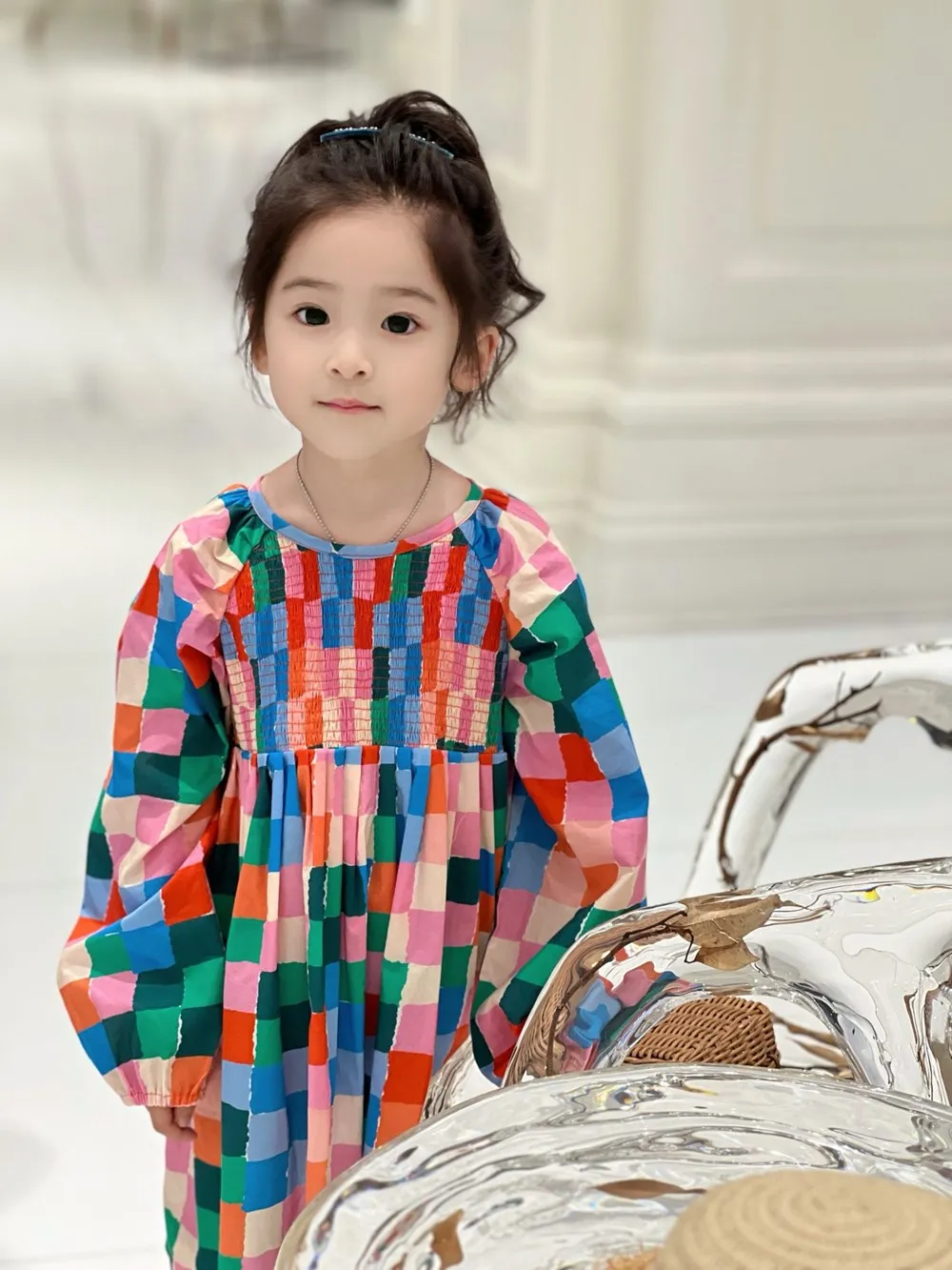 

Summer Girls clothes baby Fashionable colorful square patterned dress kids dresses cotton girls dress