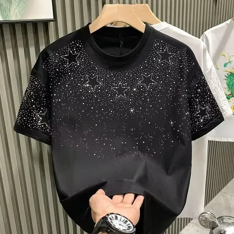 Summer Rhinestone Rivet T-shirt for Men Clothing Round Neck Casual T-shirt Fashion High Street 2025 Men's Summer Short Sleeves