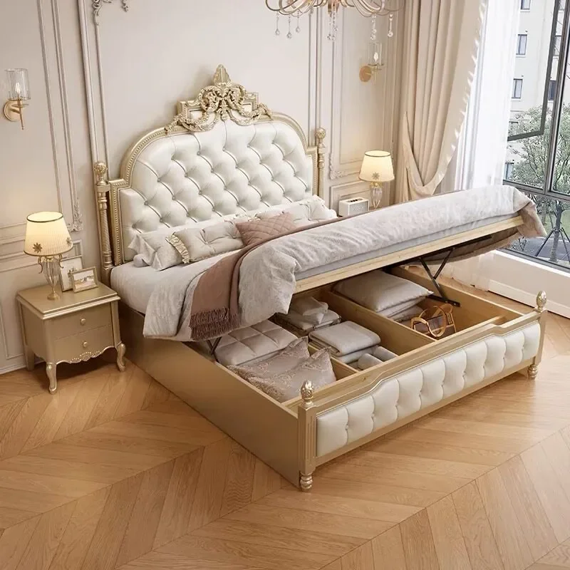 French light luxury solid wood bed 2.0 meters double princess bed height PC and console game lying marriage bed 1.8 meters leath