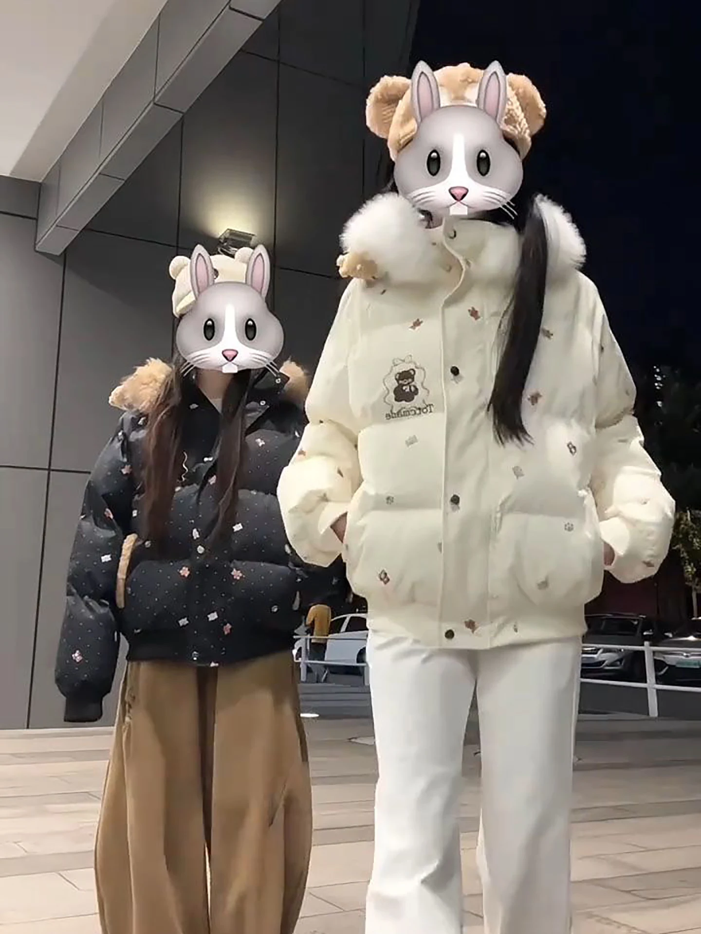 Fat Sister's Little Bear Print Fur Collar Hooded Cotton Jacket Women's Loose Thick Warm Cotton Coat Korean Style Long Sleeve
