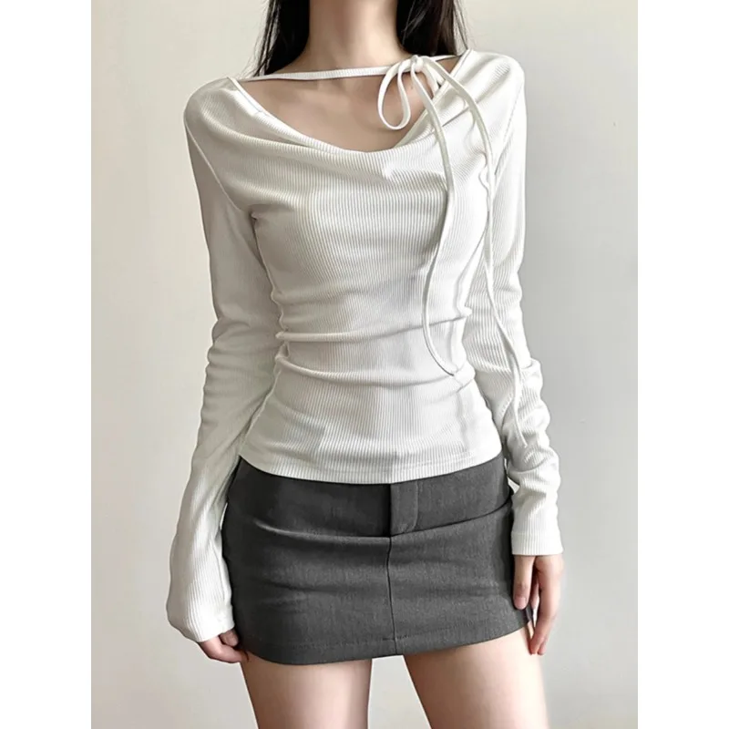 

American Retro Pleated Lace-up Casual Long-sleeved T-shirt Women 2024 Spring New Streetwear Solid Color All Match Threaded Tops