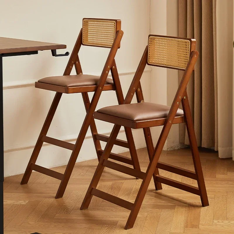 Modern Simple Folding Bar Chair Solid Wood High Stool Dining Room Japanese Style Rattan Back Dining Chair Nordic Furniture