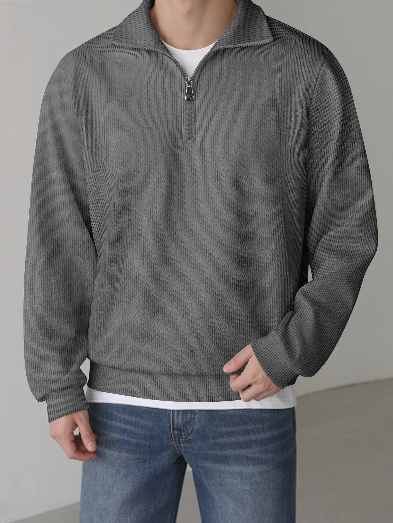 Cross Border European and American Men's Corduroy Half Zipper Casual Sports Long Sleeved Shirt