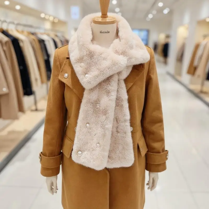 Women Fluffy Rabbit Fur Cross Scarf Winter Warm Neck Cover Collars Scarves Korean Girl Windproof Pearl Plush Snood Neckerchief