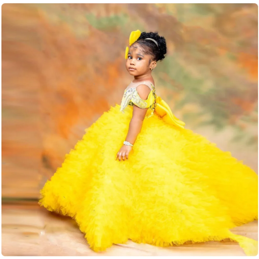 Lovely Yellow Flower Girls Dress Tulle Tiered Ruffles Big Bow Back Floor Length Kids Baby Birthday Party Ball Elegant Gowns