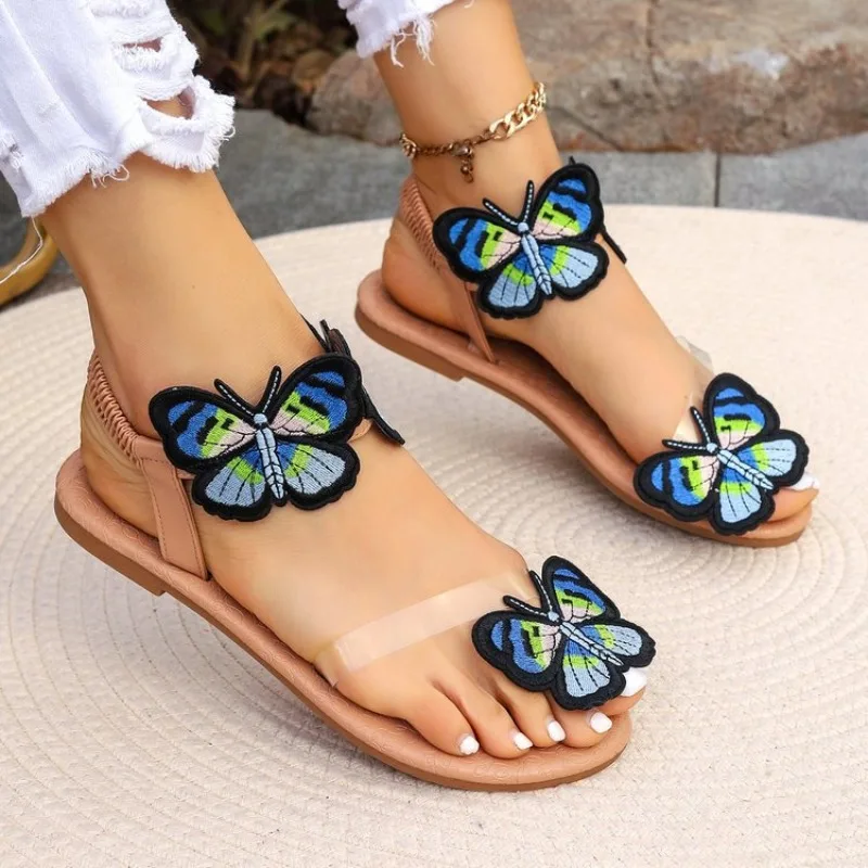 2024 Summer New Bohemian Flat Slippers Wearing Ethnic Style Butterfly Toe Beach Sandals for Women Size 43