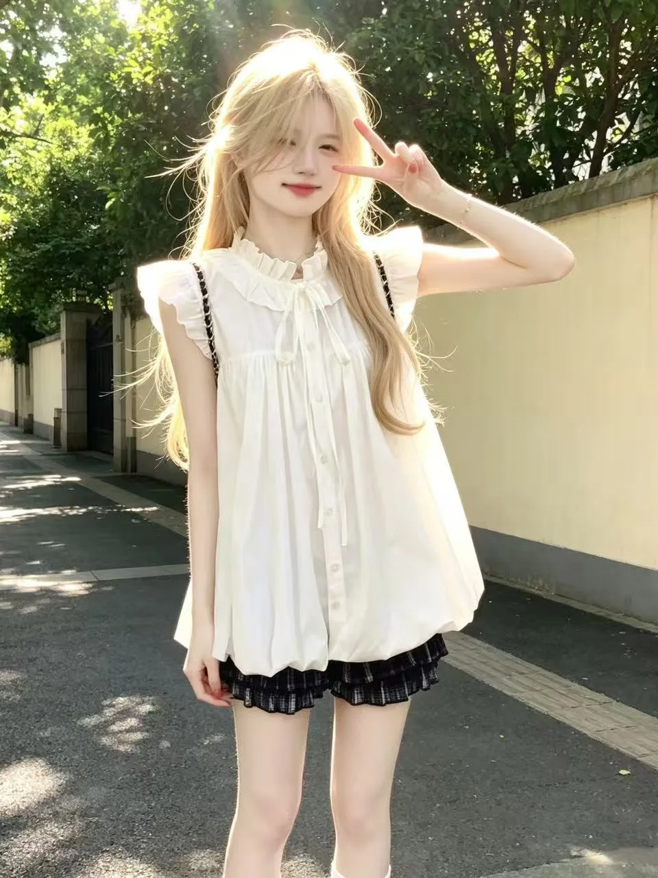 

French Style Loose Fit White Cotton Shirt with Ruffle Sleeves for Women Summer Breathable Short Sleeve round Neck Button up