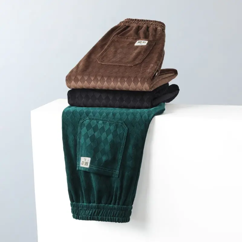 Spring and Autumn Casual Pants Men's Fashion Light Luxury Dark Green Rhombus Grid Textured Elastic Waist Handsome Long Pants