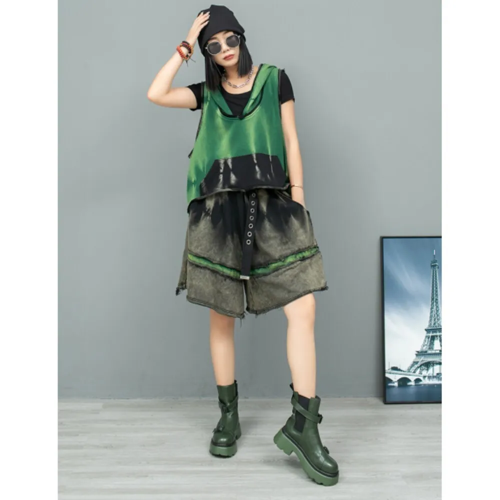 

Fashion Short Set Women 2024 Autumn New Style Tie Dye Distressed Hooded Cotton Vest + Wide Leg Short Two Piece Set ZF216