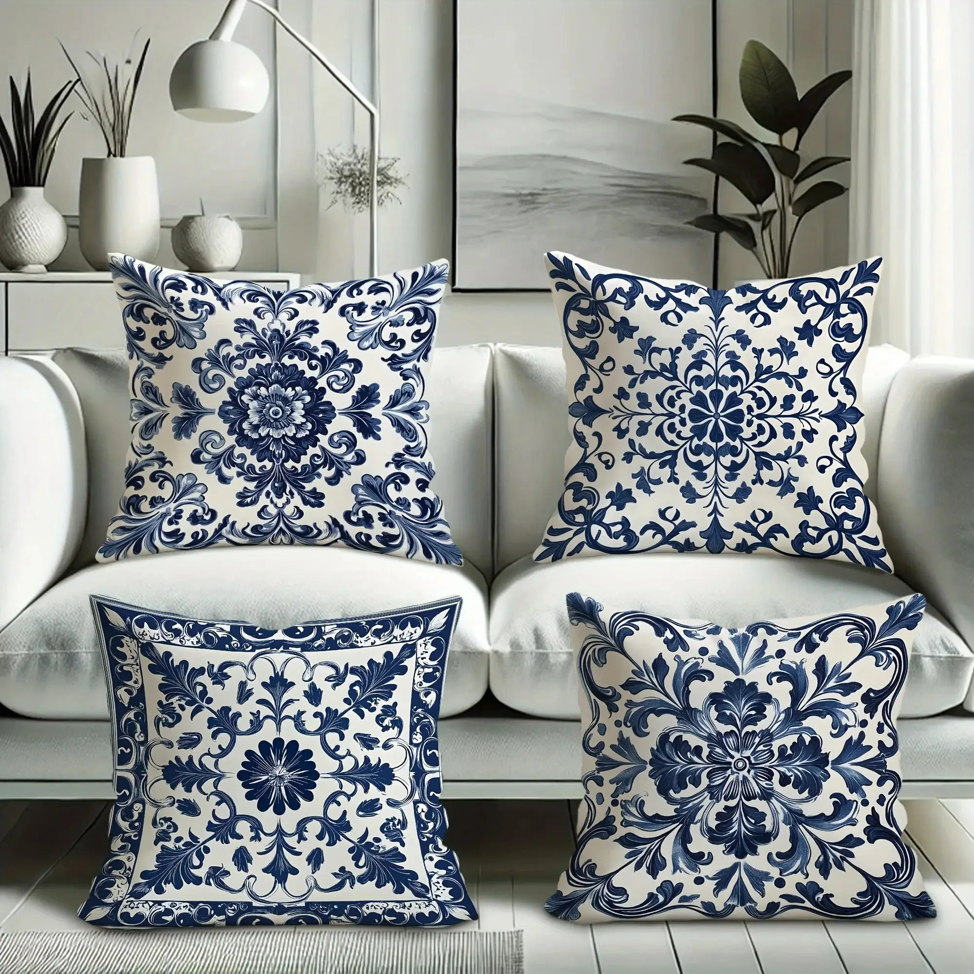 Juego  4 Fundas  Almohada Estilo Bohemio y Floral Blanco, 16, 18, 50.8 cm con Cremallera, Fundas Decorativas Lavables  Pol