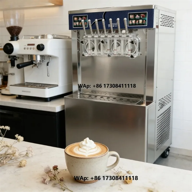 Double compressor soft ice cream machine with air pump, 7 flavor combinations, freezer, slush and soft ice cream machine