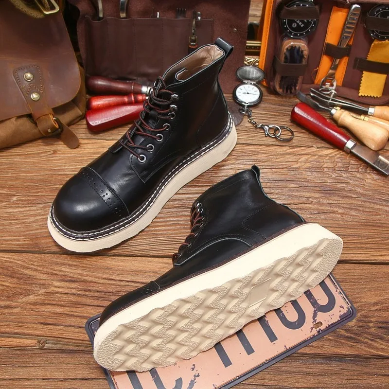 New High End Genuine Leather Boots Men Derby Leather Shoes Flats Breathable Casual Work High Top Thick Sole Motorcycle Boots