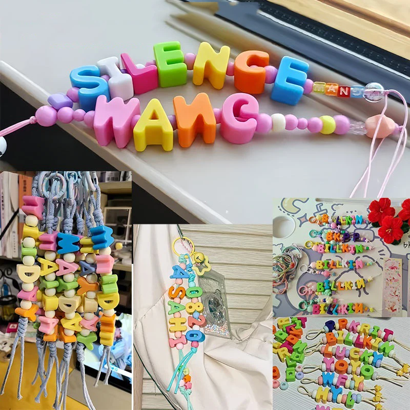10 Stück Acryl-Buchstabenperlen mit großem Loch, zufällige Farbe, Alphabet, lose Distanzperlen, DIY-Schlüssel, Telefonkette für Schmuckherstellung, Zubehör ﻿ – Detail 9